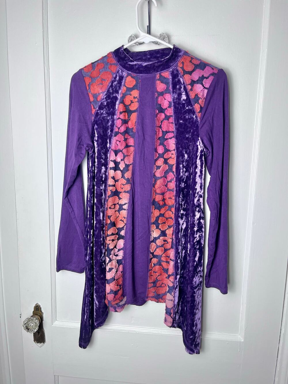 LOGO Lavish Women's Purple Velvet Long Sleeve Hippie Printed Tunic Top Size XXS